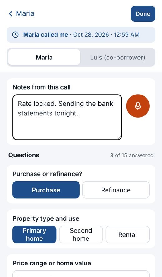Call note with date stamp, notes, microphone and tap-to-answer questions
